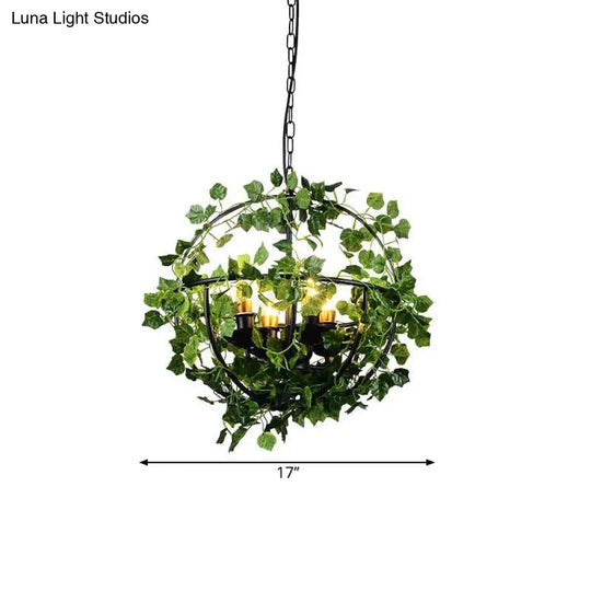 4-Head Plant Pendant Chandelier With Basket/Bowl Iron Cage - Black Ideal For Rural Restaurants