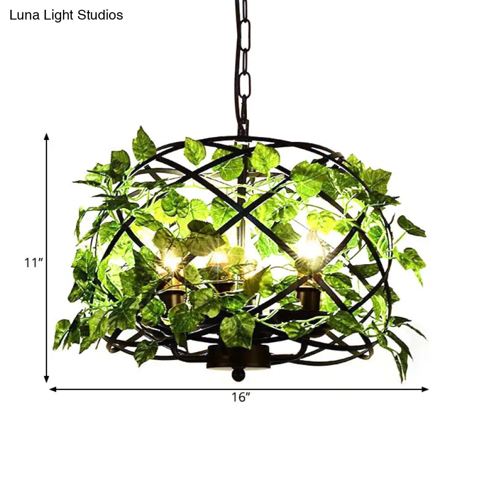 4-Head Plant Pendant Chandelier With Basket/Bowl Iron Cage - Black Ideal For Rural Restaurants