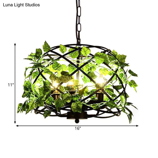 4-Head Plant Pendant Chandelier With Basket/Bowl Iron Cage - Black Ideal For Rural Restaurants