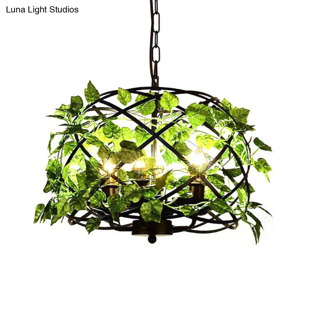 Rustic Plant Pendant Chandelier With Hanging Basket Black Iron Cage / B