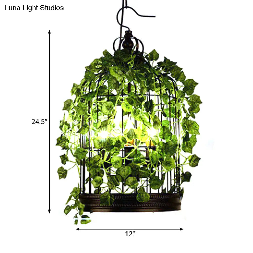 4-Head Plant Pendant Chandelier With Basket/Bowl Iron Cage - Black Ideal For Rural Restaurants