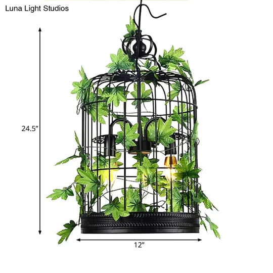 Rustic Plant Pendant Chandelier With Hanging Basket Black Iron Cage