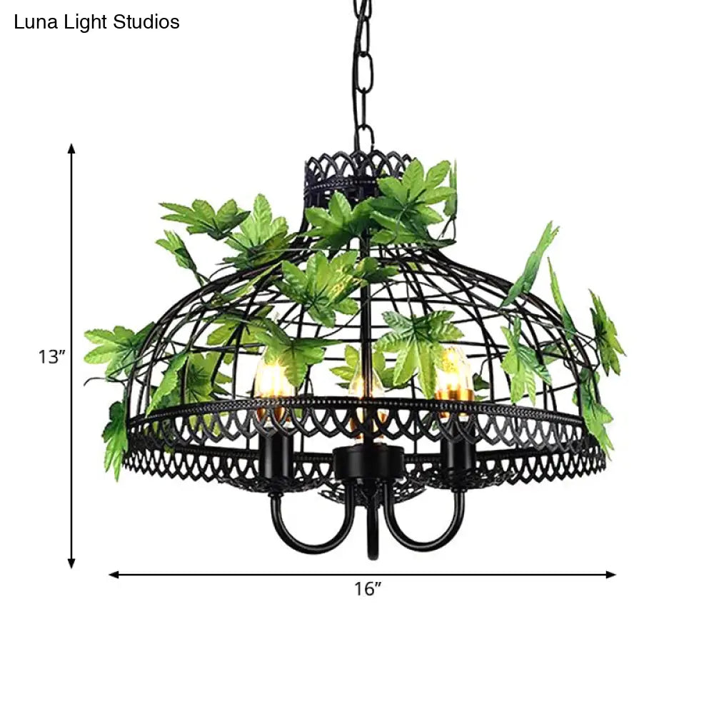 4-Head Plant Pendant Chandelier With Basket/Bowl Iron Cage - Black Ideal For Rural Restaurants