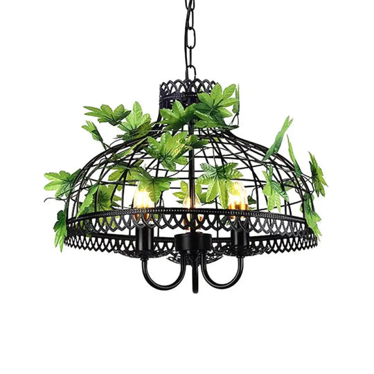 4-Head Plant Pendant Chandelier With Basket/Bowl Iron Cage - Black Ideal For Rural Restaurants / E