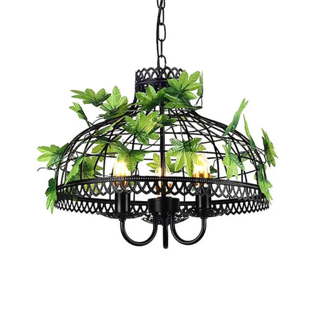 4-Head Plant Pendant Chandelier With Basket/Bowl Iron Cage - Black Ideal For Rural Restaurants / E