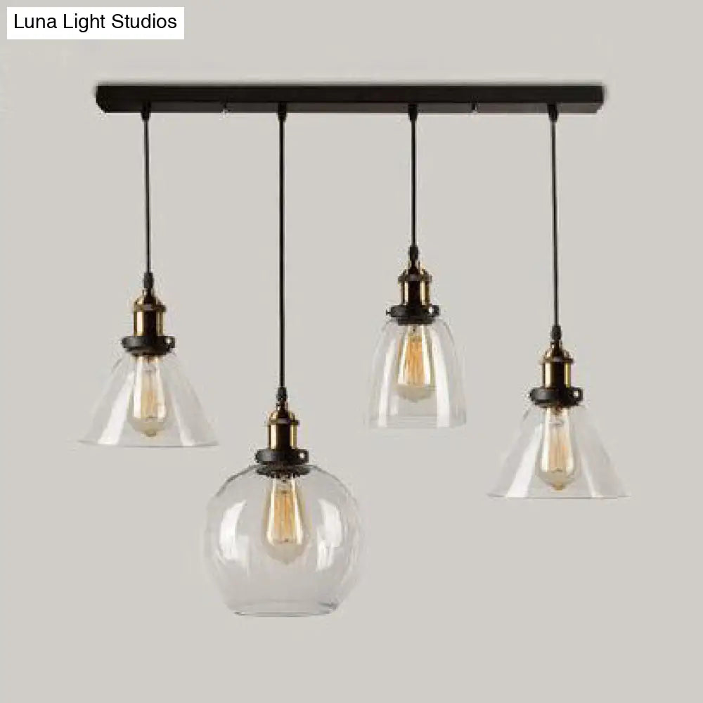 Clear Glass Modern Cluster Pendant With 4 Hanging Lights In Aged Brass / Linear