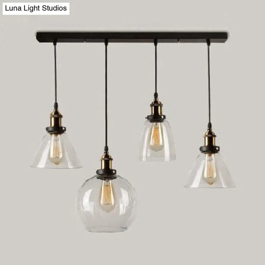 Clear Glass Modern Cluster Pendant With 4 Hanging Lights In Aged Brass / Linear