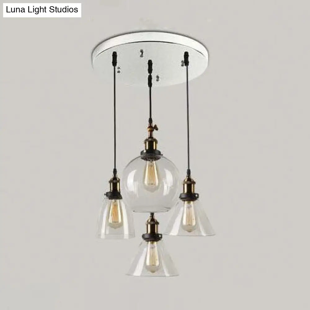 Clear Glass Modern Cluster Pendant With 4 Hanging Lights In Aged Brass / Round