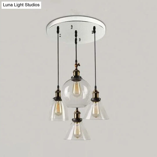 Clear Glass Modern Cluster Pendant With 4 Hanging Lights In Aged Brass / Round