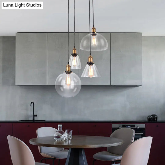 4-Light Clear Glass Cluster Pendant In Aged Brass Modern Hanging Light With Unique Shades -