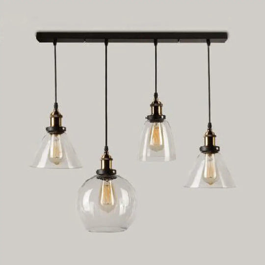 4-Light Clear Glass Cluster Pendant In Aged Brass Modern Hanging Light With Unique Shades -