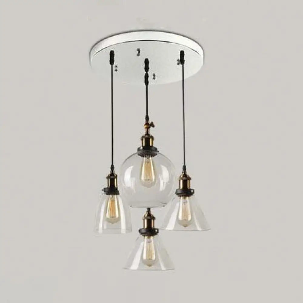 4-Light Clear Glass Cluster Pendant In Aged Brass Modern Hanging Light With Unique Shades -
