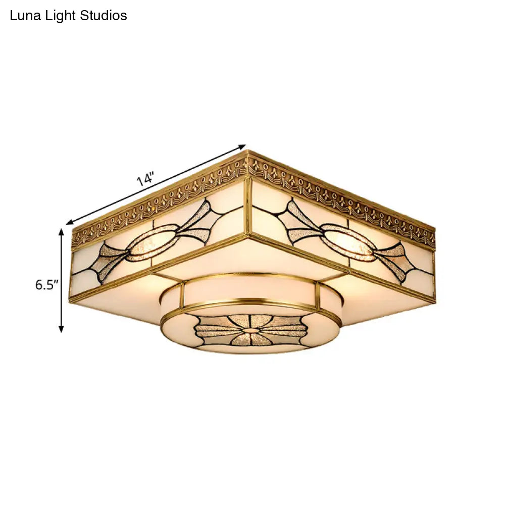 4-Light Colonial Square Opal Glass Flush Mount Gold Kitchen Lighting Fixture