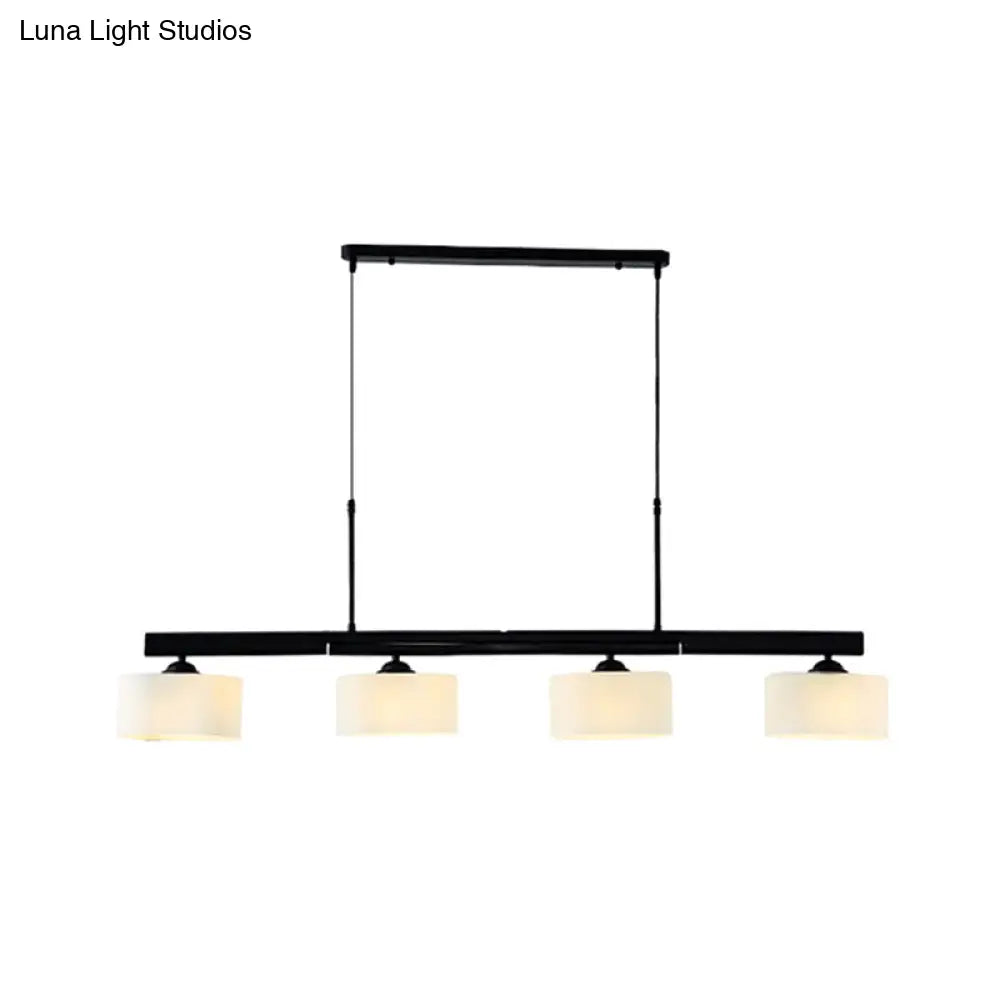 4-Light Traditional Drum Island Pendant In Black For Dining Room With White Glass Shades