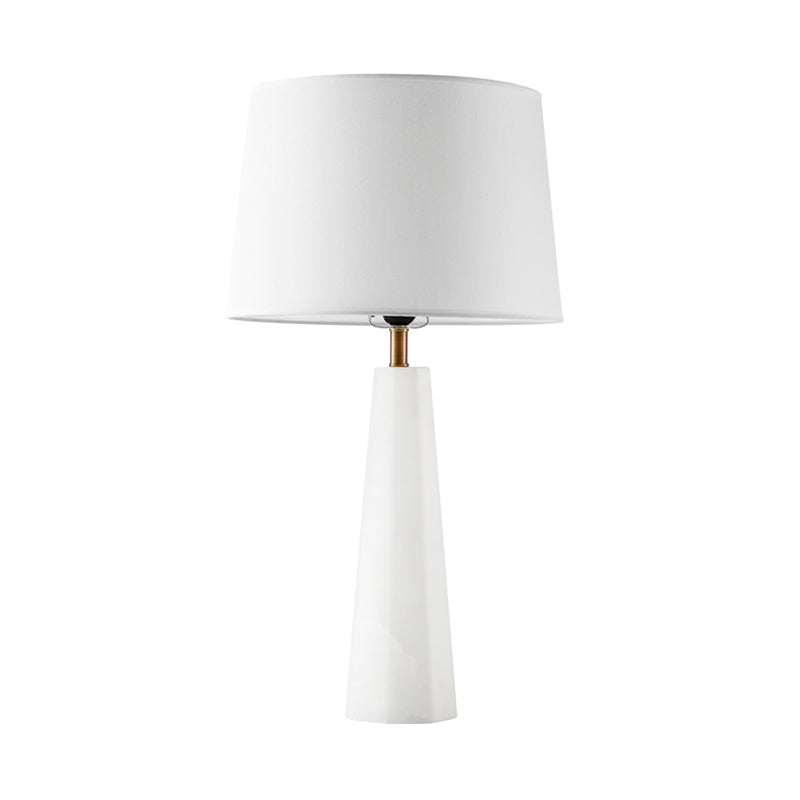 White Contemporary Desk Lamp With Fabric Shade - 1 Bulb Tapered Drum Night Table Light