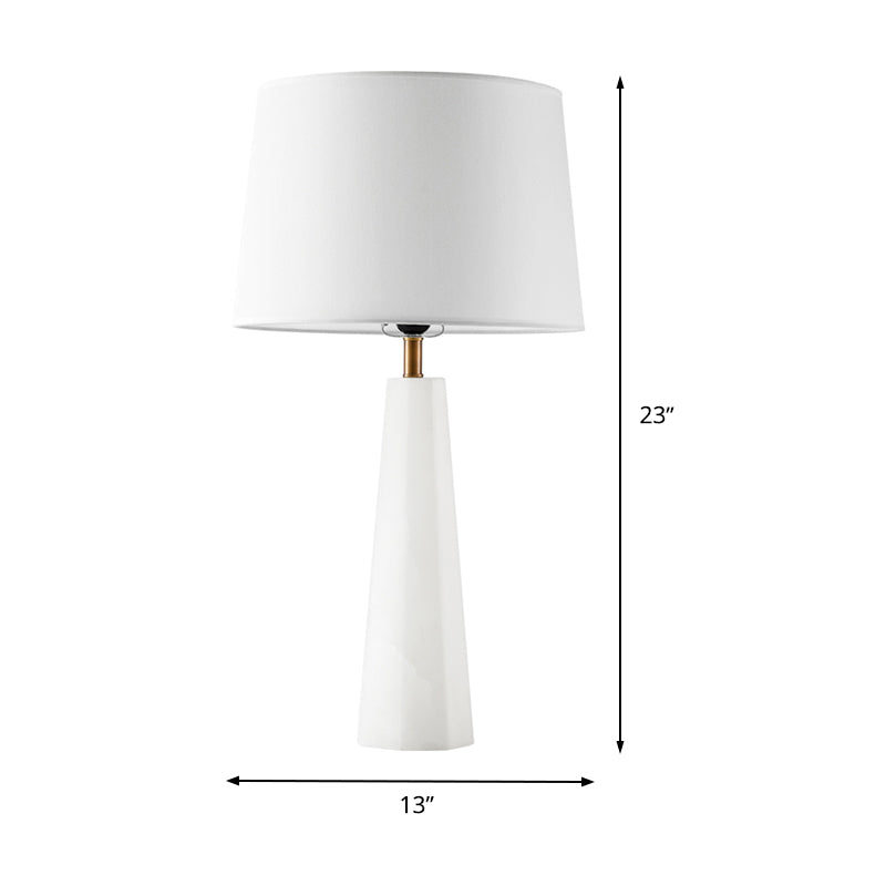 White Contemporary Desk Lamp With Fabric Shade - 1 Bulb Tapered Drum Night Table Light