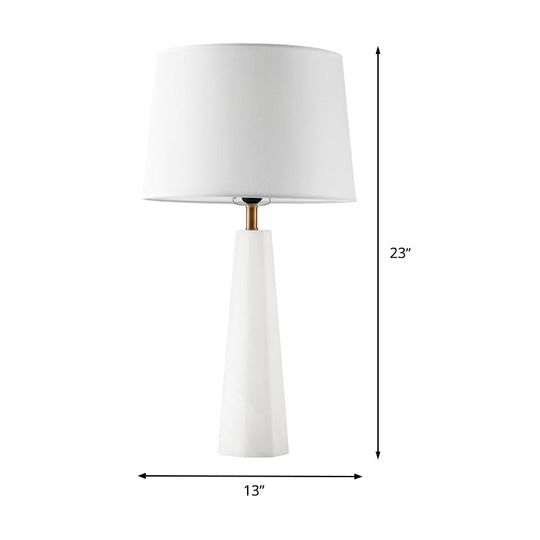 White Contemporary Desk Lamp With Fabric Shade - 1 Bulb Tapered Drum Night Table Light