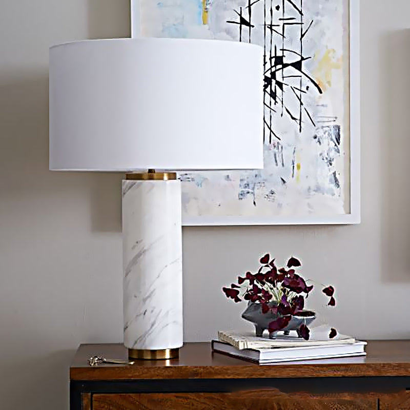 Modernist Fabric Table Lamp With Marble Base - Cylindrical Design White 1 Head