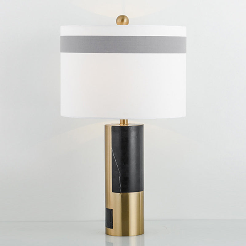 Modern White Bedside Table Lamp With Cylinder Fabric Shade
