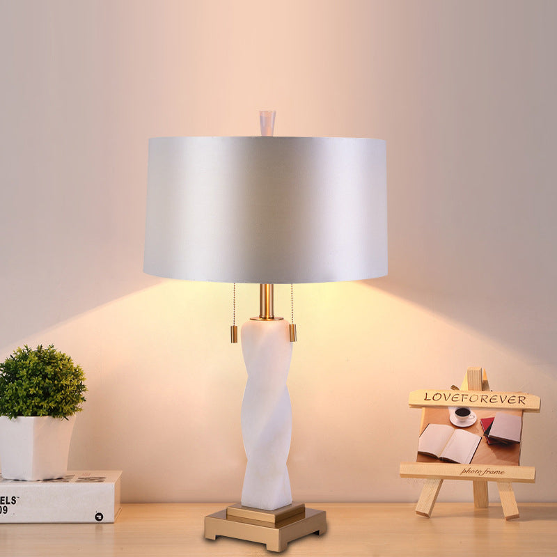 Modern White Fabric Night Table Lamp With Pull Chain - 2 Heads Cylindrical Desk Light