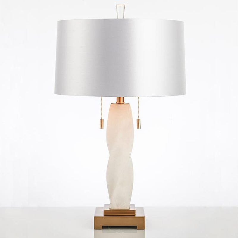 Modern White Fabric Night Table Lamp With Pull Chain - 2 Heads Cylindrical Desk Light