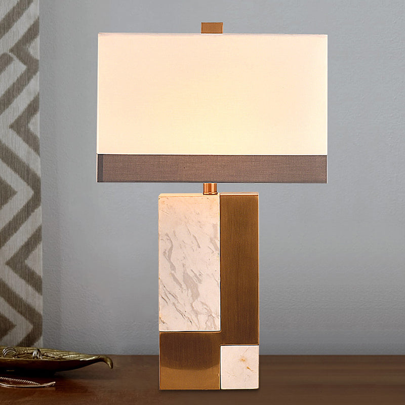 Modern White Night Table Lamp - Rectangle Fabric Shade 1 Head Study Desk Light