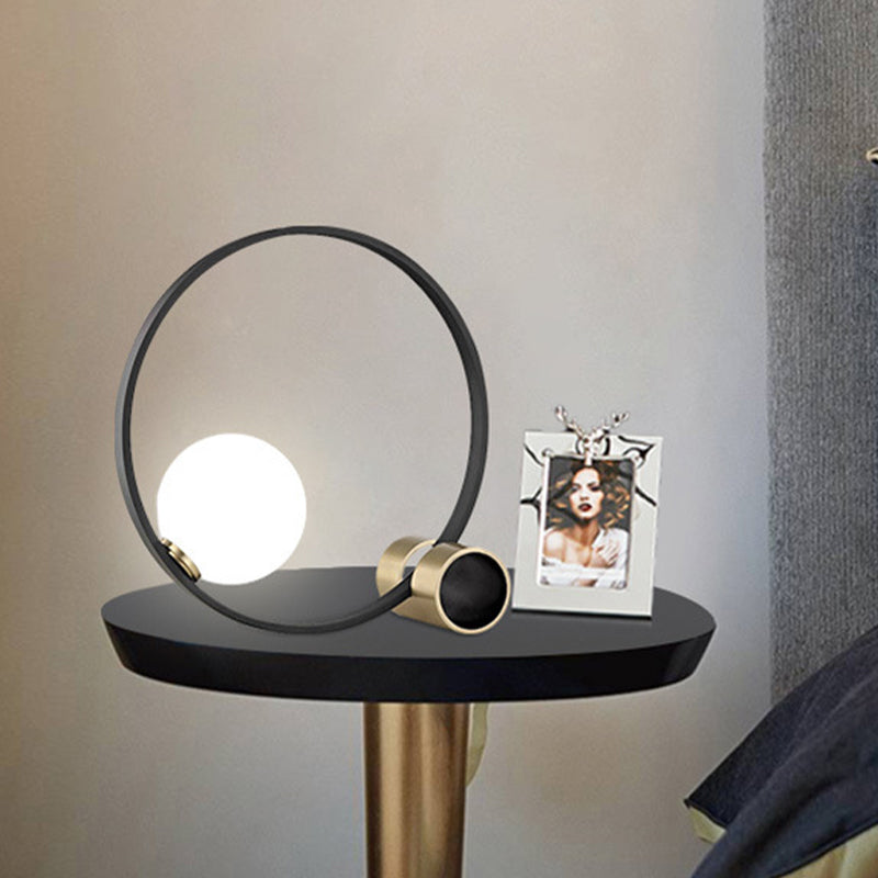 Modern Metal Desk Lamp: Circle Bulb Nightstand Light In Black With Milk Glass Shade