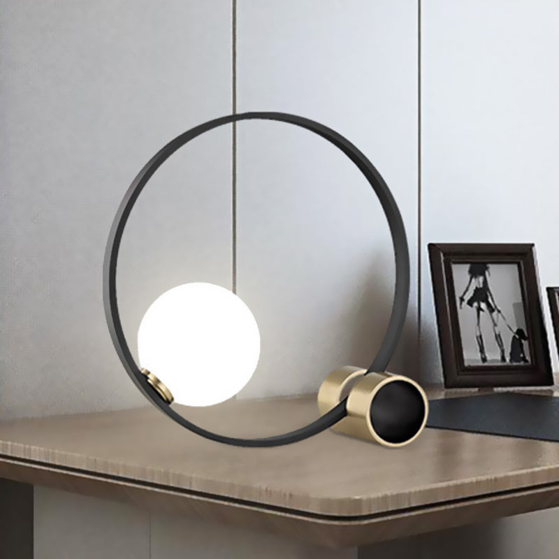 Modern Metal Desk Lamp: Circle Bulb Nightstand Light In Black With Milk Glass Shade