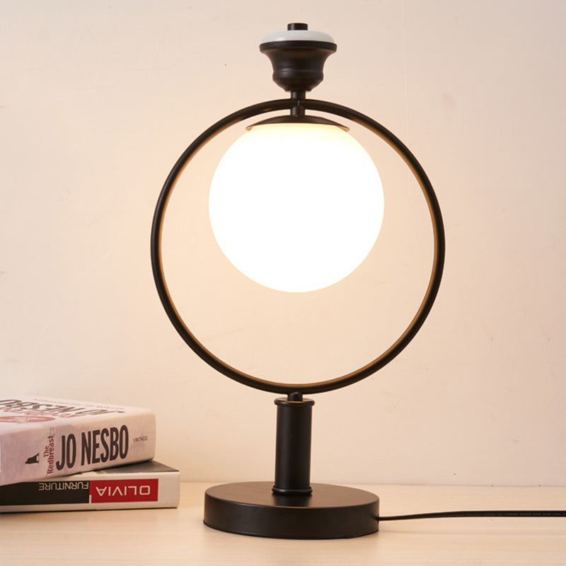 Modern Black Bedside Table Lamp With Global Milky Glass Shade