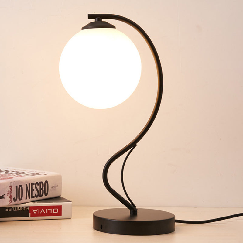 Modern White Glass Ball Task Lamp With Black Reading Light & Curved Metal Arm