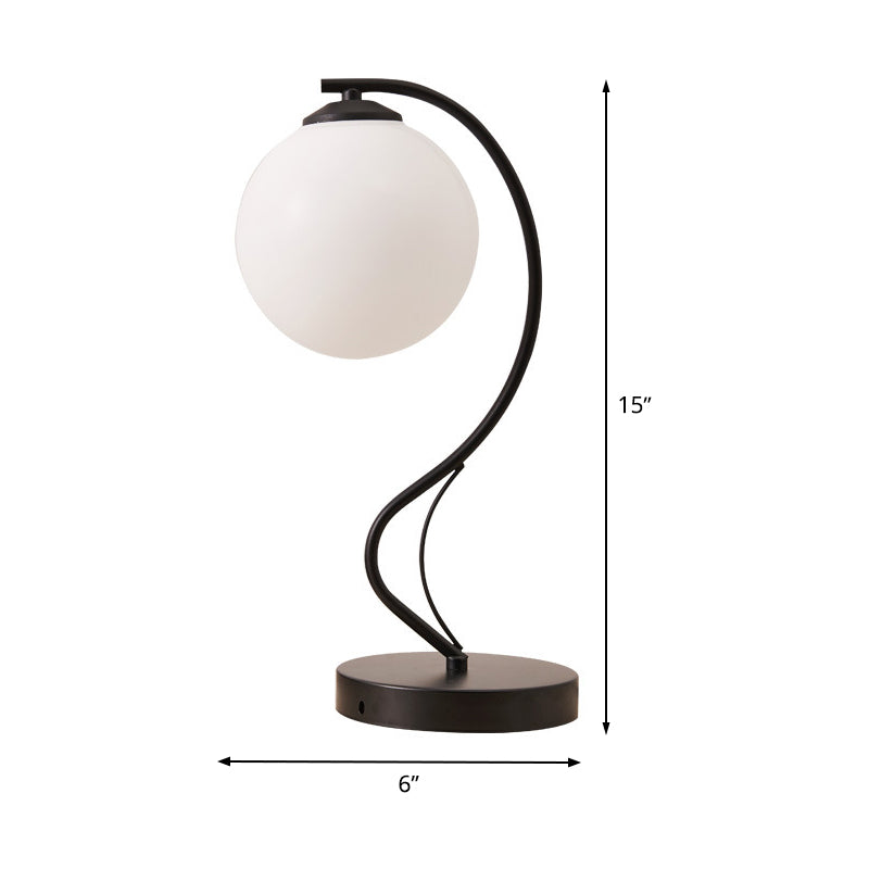Modern White Glass Ball Task Lamp With Black Reading Light & Curved Metal Arm