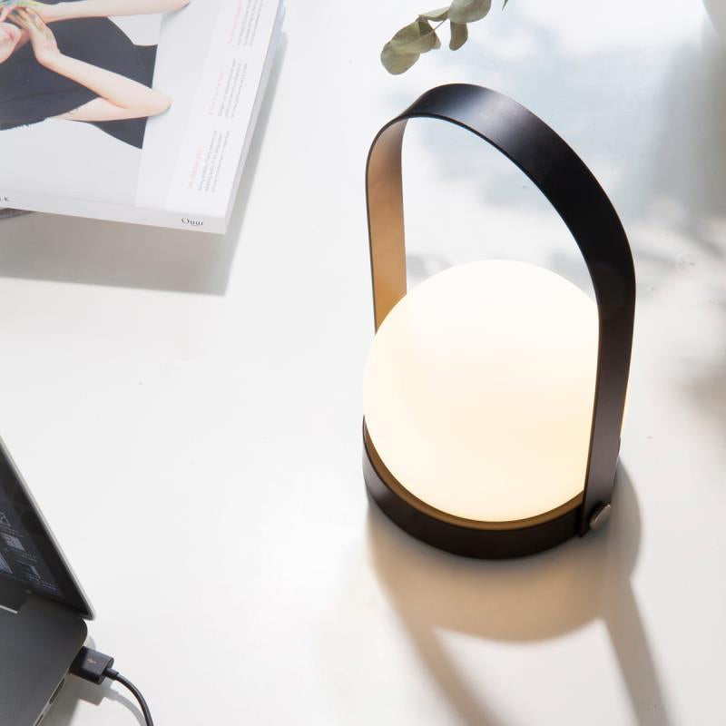 Modern White Glass Night Table Lamp With Metal Handle - Globe Task Light Design Black