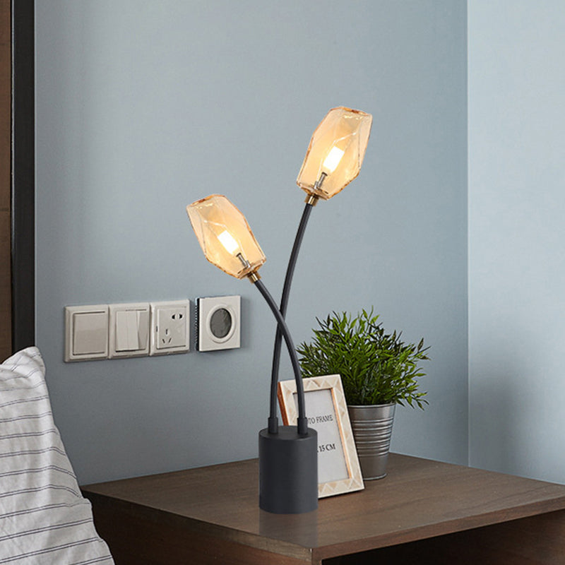 Modern Geometric Amber Glass Table Lamp With 2 Bulbs - Living Room Task Lighting