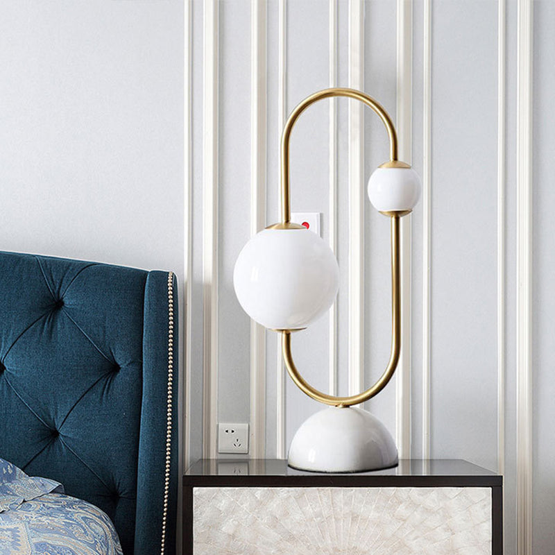 Modern Gold Table Lamp With Milky Glass 2 Heads And Marble Base - Orb Desk Light