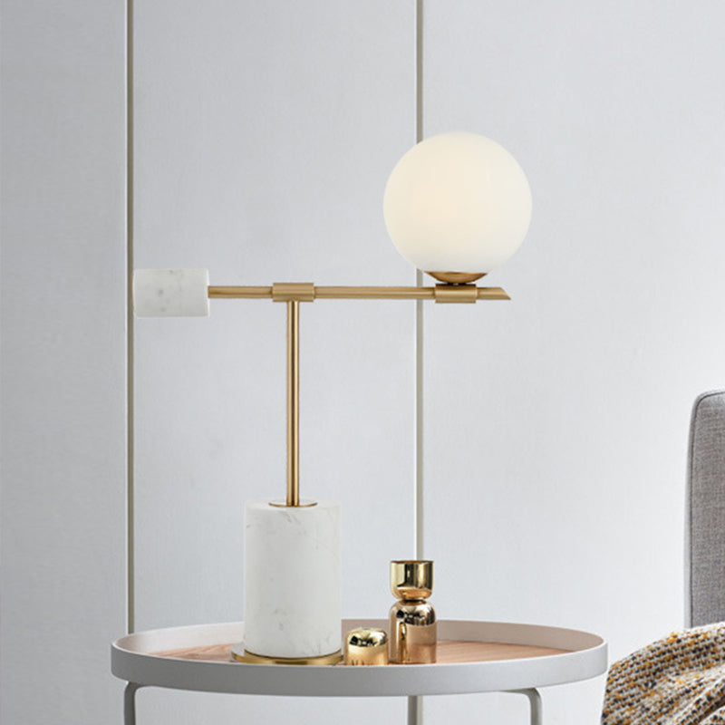 Modernist Gold Spherical Night Table Lamp - 1 Head Task Lighting With White Glass Shade