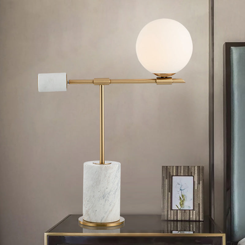 Modernist Gold Spherical Night Table Lamp - 1 Head Task Lighting With White Glass Shade