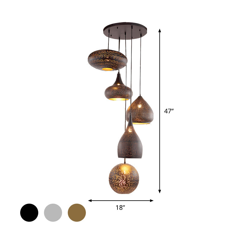 Antiqued Hollowed Out Pendant Lamp - 5 Heads Black/Silver/Brass With Round Canopy