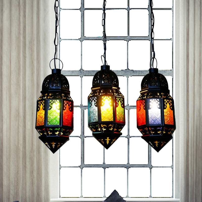 Vintage Metallic Lantern Pendant Lamp - Black 3-Bulb Hanging Lighting For Restaurant