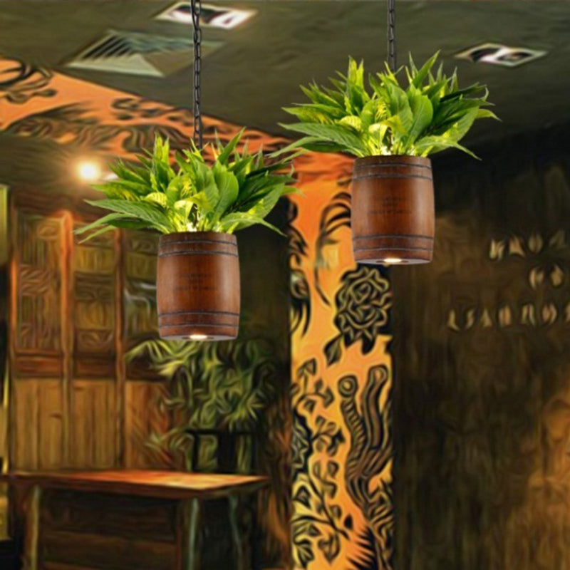Industrial Brown Wooden Ceiling Pendant With Plant - 1 Head Barrel Suspension Lamp For Restaurants