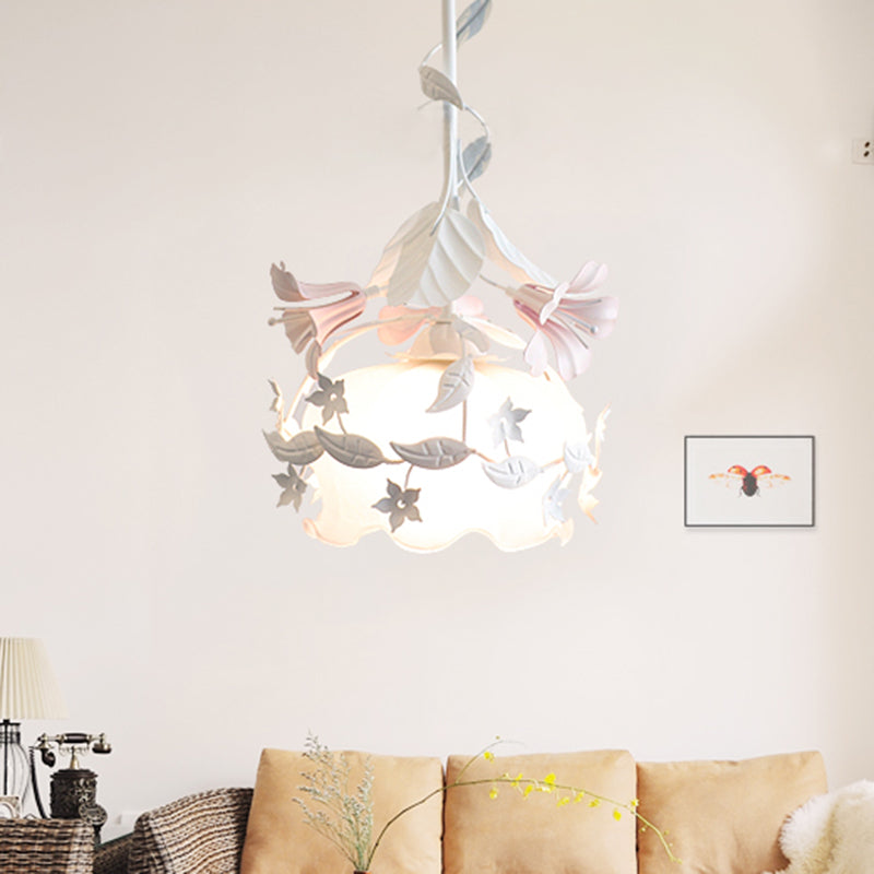 Pastoral Metal Scalloped Bedroom Ceiling Light - White Flower Suspension With 1 Bulb