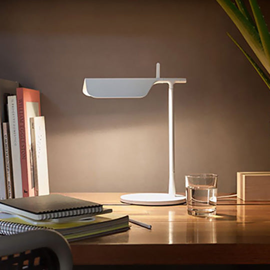 White Contemporary Led Desk Lamp For Bedroom Sleek Triangular Metal Nightstand Light