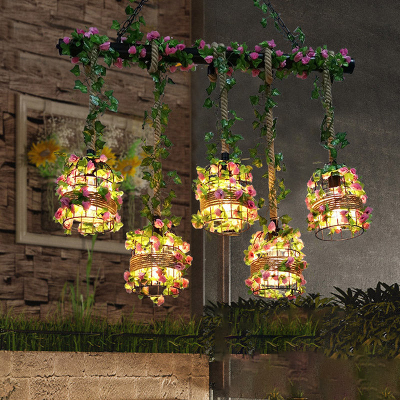 Industrial Metal 5-Head Black Cage Island Lighting Fixture For Restaurants And Plants