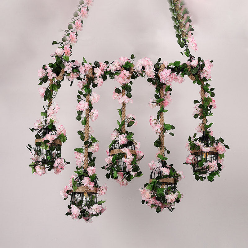 Antique Metal Island Chandelier With 5 Pink Heads - Restaurant Ceiling Light Cherry Blossom/Rose