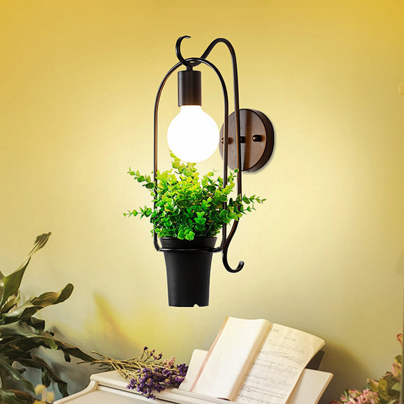 Industrial Metal Potted Plant Sconce With Led Bulb - Black Wall Lighting For Restaurants