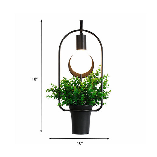 Industrial Metal Potted Plant Sconce With Led Bulb - Black Wall Lighting For Restaurants