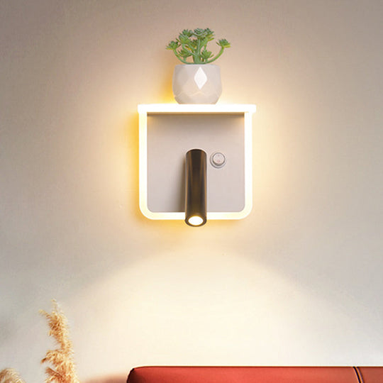 Minimalist White Led Wall Sconce With Plant Decoration In Warm/White Light / Warm Square Plate