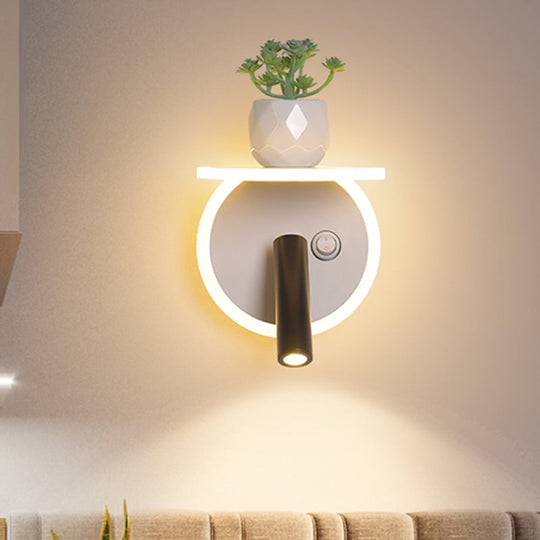 Minimalist White Led Wall Sconce With Plant Decoration In Warm/White Light / Warm Round
