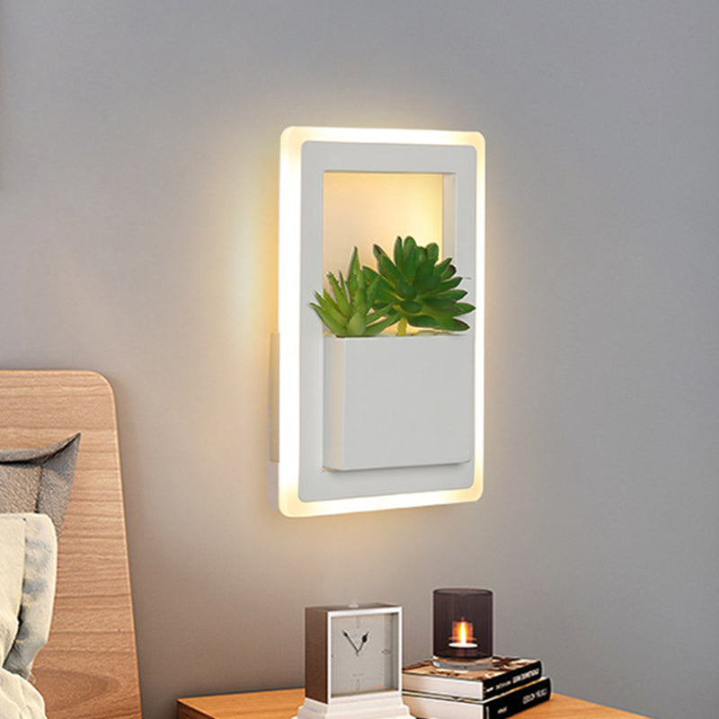Minimalist White Led Wall Sconce With Acrylic Rectangle Design And Plant Decoration For Bedroom -
