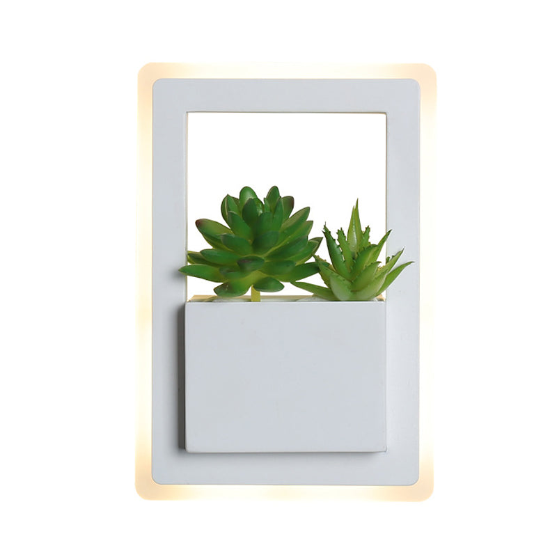 Minimalist White Led Wall Sconce With Acrylic Rectangle Design And Plant Decoration For Bedroom -