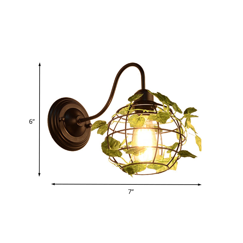 Industrial Diamond/Globe/Square Metal Led Wall Lamp Sconce In Black With Plant - 1 Light Fixture